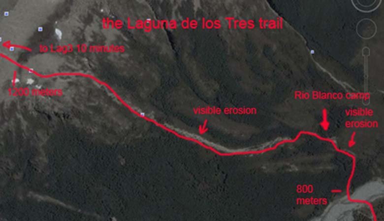 Aerial view of Laguna de los Tres trail